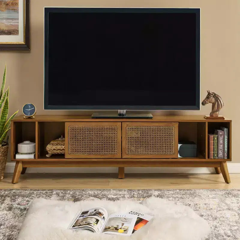 JVNOXK 67.9-inch Mid-Century Modern Rattan-Weave Cabinet Door TV Console, suitable for TVs up to 75 inches; ideal for living rooms, walnut finish