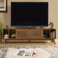 JVNOXK 67.9-inch Mid-Century Modern Rattan-Weave Cabinet Door TV Console, suitable for TVs up to 75 inches; ideal for living rooms, walnut finish