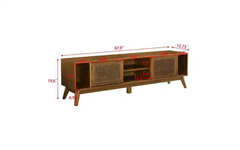 Meuble TV de 172,5 cm avec portes en cannage style Mid-Century Modern, adapté aux téléviseurs jusqu'à 75 pouces ; idéal pour les salons, finition noyer