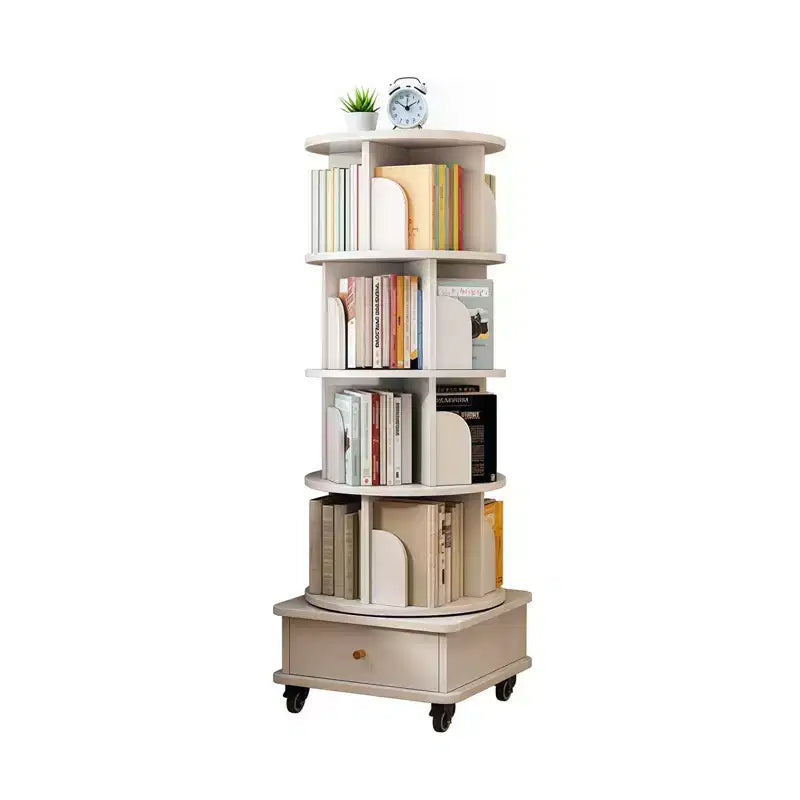VIYET 56 5-Tier 360 Rotating Bookshelf, Oak MDF Tower w/ Wheels&Drawer (Space-Saving Storage for Home/Office),white