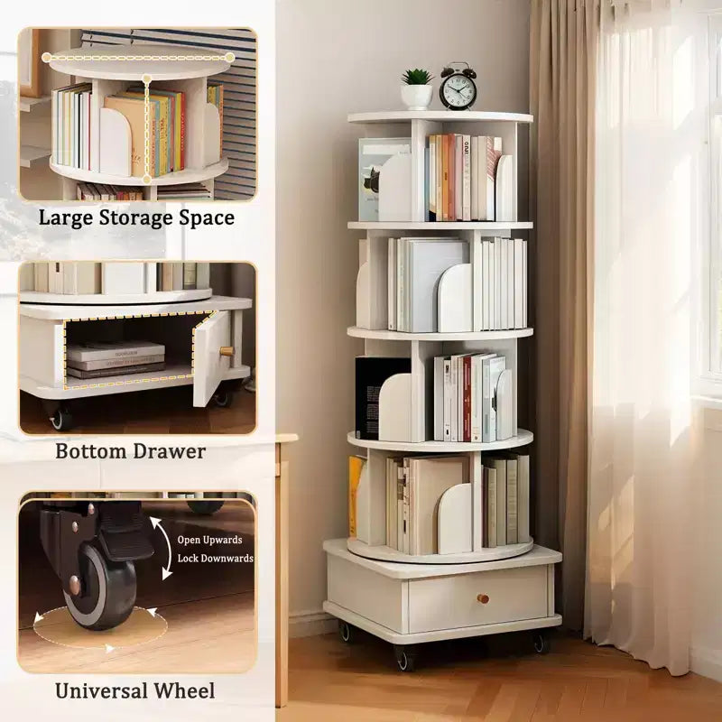 56 étagères à livres rotatives à 360° à 5 niveaux, tour en MDF chêne avec roulettes et tiroir (rangement peu encombrant pour la maison/le bureau), blanc