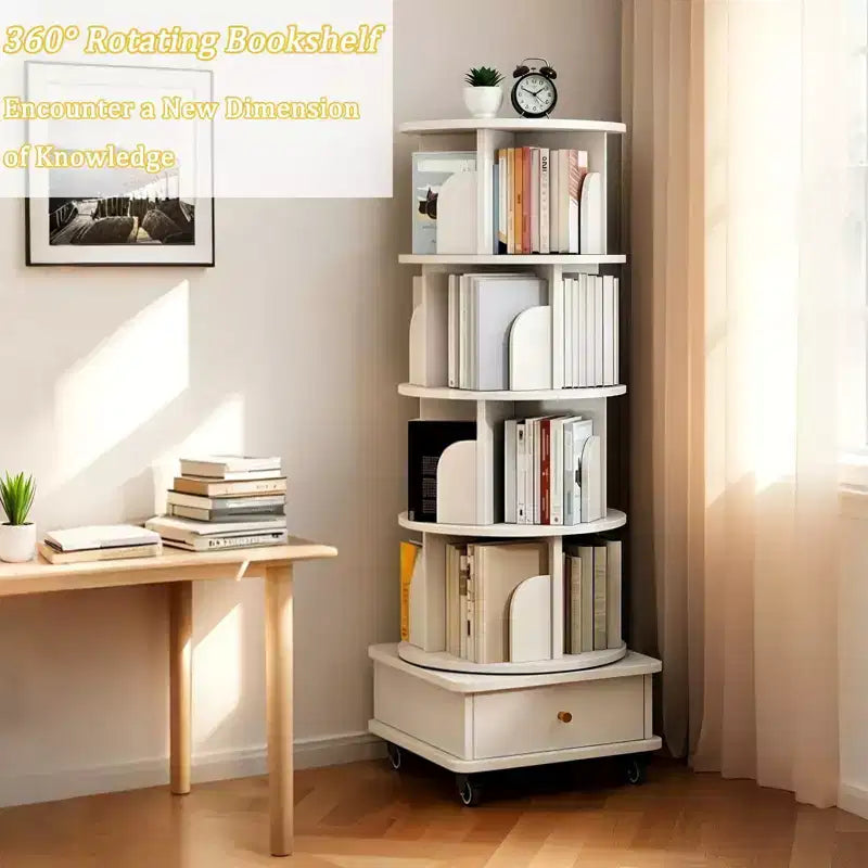 56 étagères à livres rotatives à 360° à 5 niveaux, tour en MDF chêne avec roulettes et tiroir (rangement peu encombrant pour la maison/le bureau), blanc