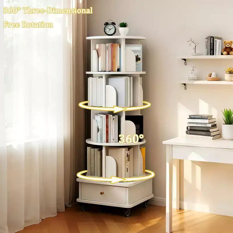 56 étagères à livres rotatives à 360° à 5 niveaux, tour en MDF chêne avec roulettes et tiroir (rangement peu encombrant pour la maison/le bureau), blanc