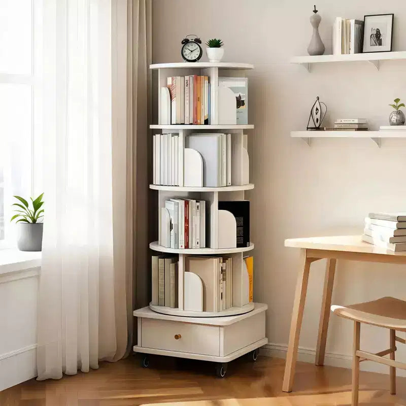 56 étagères à livres rotatives à 360° à 5 niveaux, tour en MDF chêne avec roulettes et tiroir (rangement peu encombrant pour la maison/le bureau), blanc