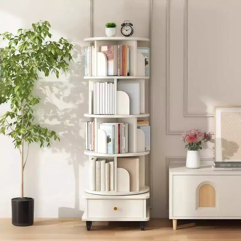 56 étagères à livres rotatives à 360° à 5 niveaux, tour en MDF chêne avec roulettes et tiroir (rangement peu encombrant pour la maison/le bureau), blanc