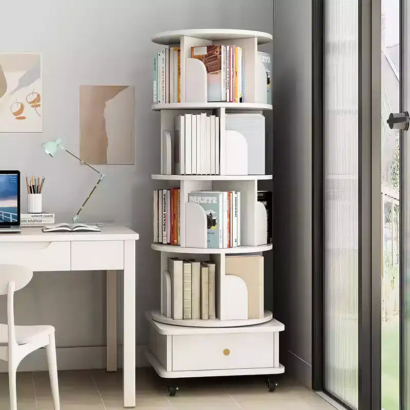 56 étagères à livres rotatives à 360° à 5 niveaux, tour en MDF chêne avec roulettes et tiroir (rangement peu encombrant pour la maison/le bureau), blanc