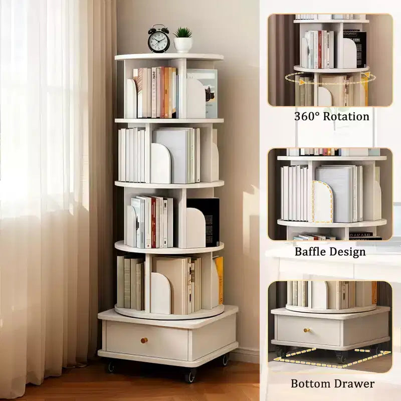 56 étagères à livres rotatives à 360° à 5 niveaux, tour en MDF chêne avec roulettes et tiroir (rangement peu encombrant pour la maison/le bureau), blanc