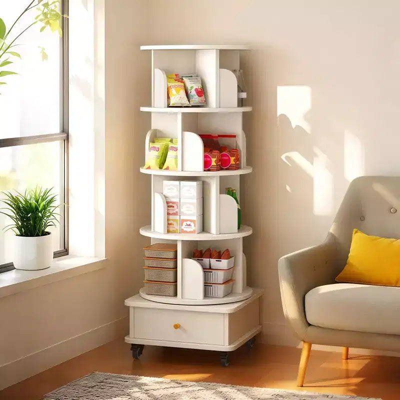 56 étagères à livres rotatives à 360° à 5 niveaux, tour en MDF chêne avec roulettes et tiroir (rangement peu encombrant pour la maison/le bureau), blanc