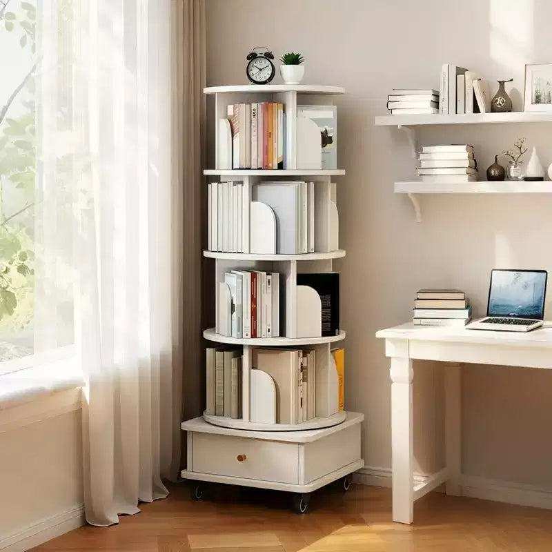 56 étagères à livres rotatives à 360° à 5 niveaux, tour en MDF chêne avec roulettes et tiroir (rangement peu encombrant pour la maison/le bureau), blanc
