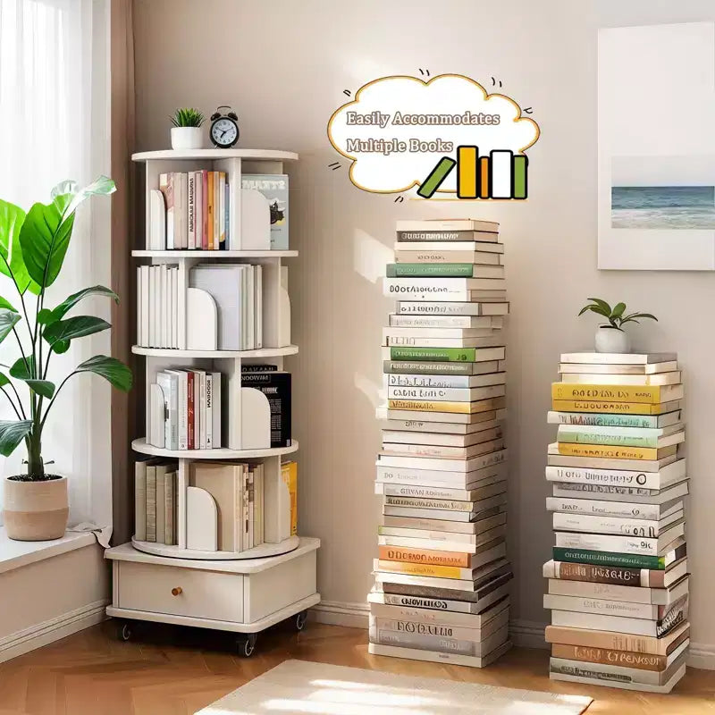 56 étagères à livres rotatives à 360° à 5 niveaux, tour en MDF chêne avec roulettes et tiroir (rangement peu encombrant pour la maison/le bureau), blanc