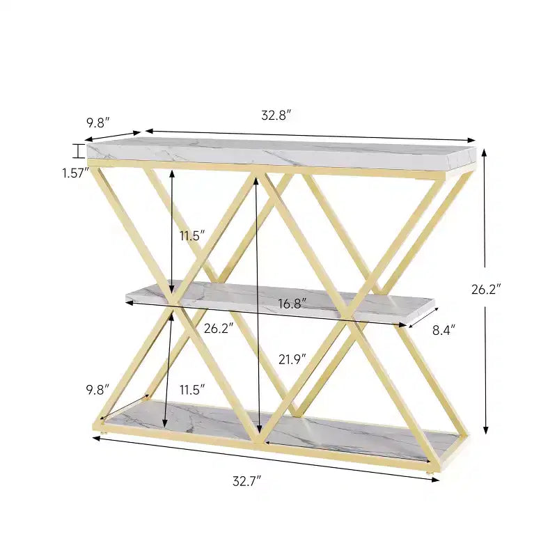 Console étroite à 3 niveaux avec étagères de rangement ouvertes Table de canapé d'entrée rustique de style ferme Pieds en métal en X Salon peu encombrant