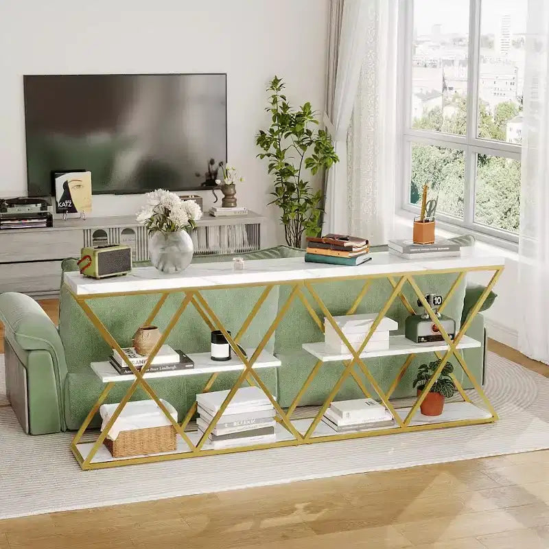 Console étroite à 3 niveaux avec étagères de rangement ouvertes Table de canapé d'entrée rustique de style ferme Pieds en métal en X Salon peu encombrant