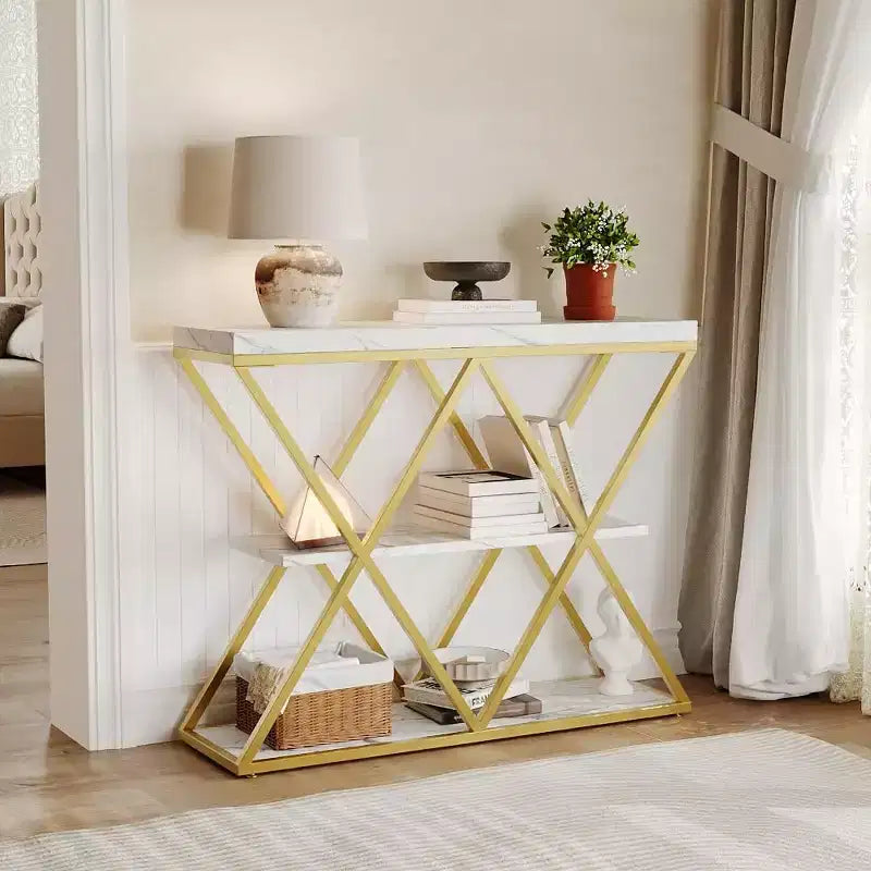 Console étroite à 3 niveaux avec étagères de rangement ouvertes Table de canapé d'entrée rustique de style ferme Pieds en métal en X Salon peu encombrant