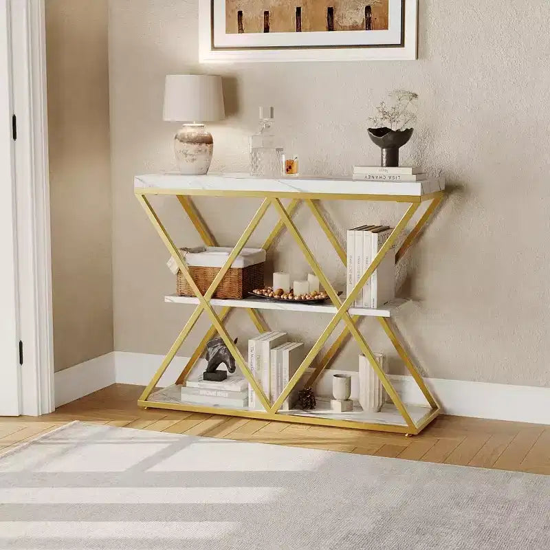 Console étroite à 3 niveaux avec étagères de rangement ouvertes Table de canapé d'entrée rustique de style ferme Pieds en métal en X Salon peu encombrant