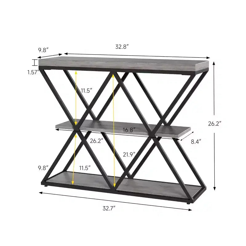 Console étroite à 3 niveaux avec étagères de rangement ouvertes Table de canapé d'entrée rustique de style ferme Pieds en métal en X Salon peu encombrant