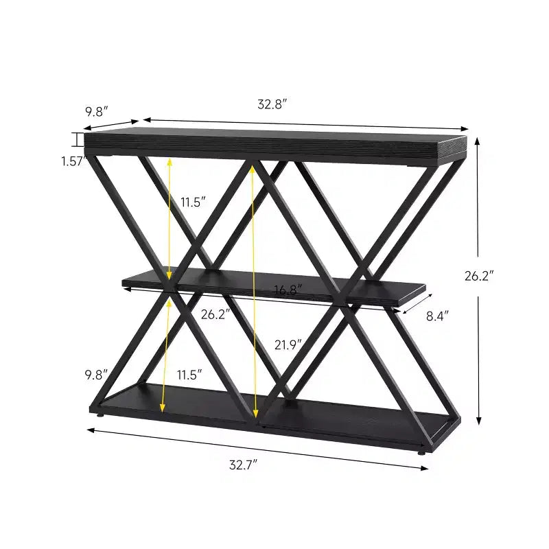 Console étroite à 3 niveaux avec étagères de rangement ouvertes Table de canapé d'entrée rustique de style ferme Pieds en métal en X Salon peu encombrant