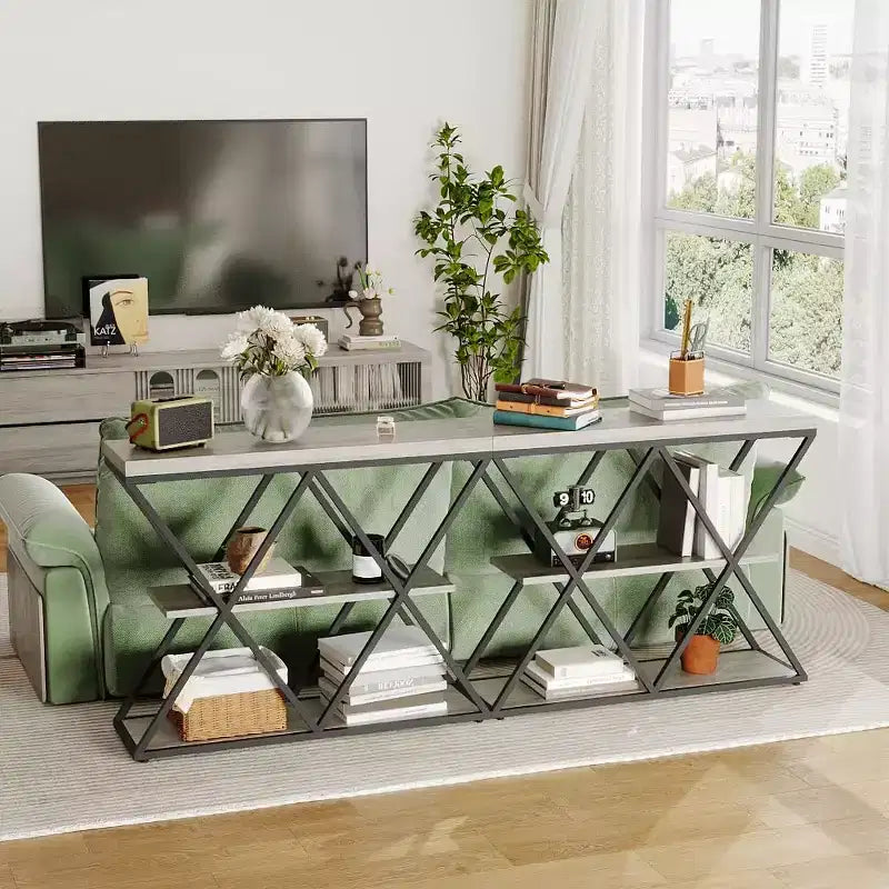 Console étroite à 3 niveaux avec étagères de rangement ouvertes Table de canapé d'entrée rustique de style ferme Pieds en métal en X Salon peu encombrant