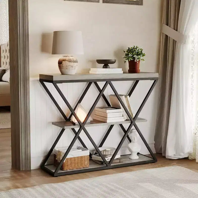 Console étroite à 3 niveaux avec étagères de rangement ouvertes Table de canapé d'entrée rustique de style ferme Pieds en métal en X Salon peu encombrant