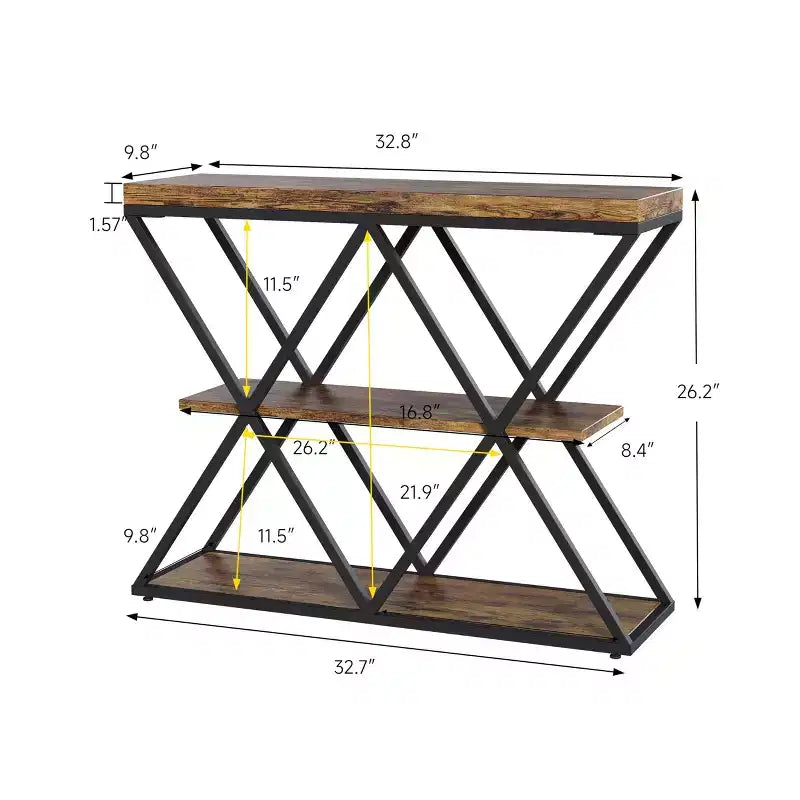 Console étroite à 3 niveaux avec étagères de rangement ouvertes Table de canapé d'entrée rustique de style ferme Pieds en métal en X Salon peu encombrant