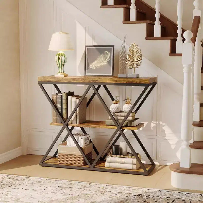 Console étroite à 3 niveaux avec étagères de rangement ouvertes Table de canapé d'entrée rustique de style ferme Pieds en métal en X Salon peu encombrant