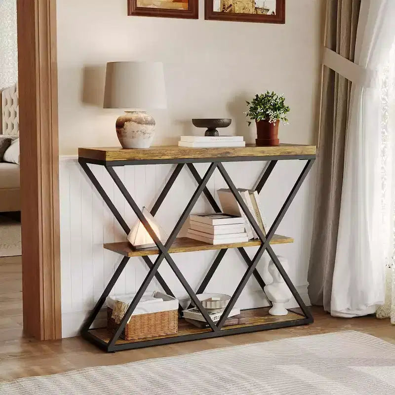 Console étroite à 3 niveaux avec étagères de rangement ouvertes Table de canapé d'entrée rustique de style ferme Pieds en métal en X Salon peu encombrant