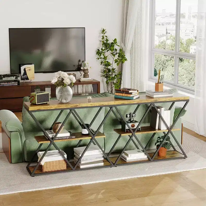 Console étroite à 3 niveaux avec étagères de rangement ouvertes Table de canapé d'entrée rustique de style ferme Pieds en métal en X Salon peu encombrant