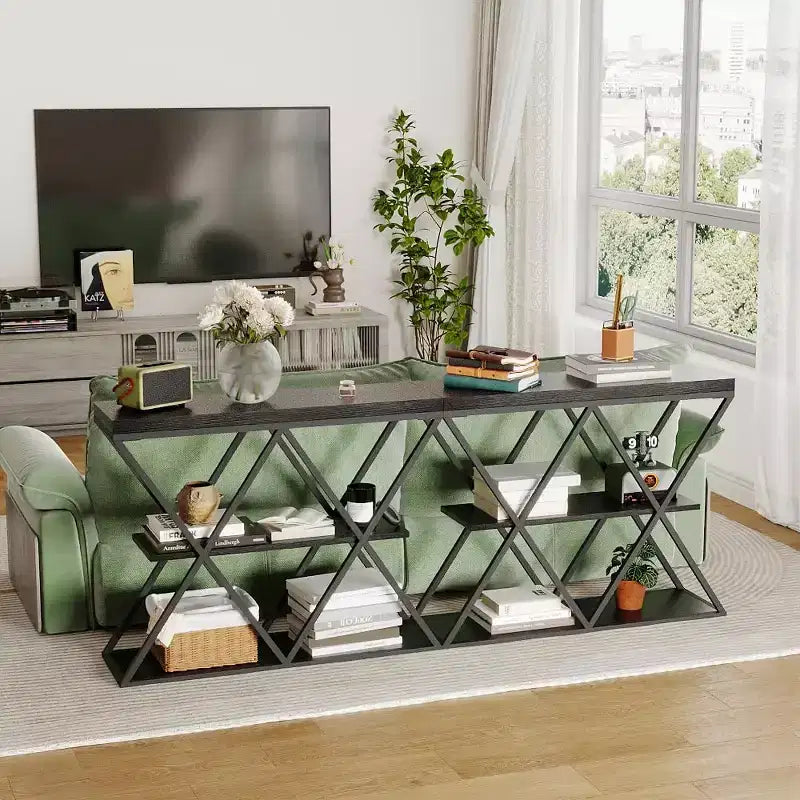 Console étroite à 3 niveaux avec étagères de rangement ouvertes Table de canapé d'entrée rustique de style ferme Pieds en métal en X Salon peu encombrant