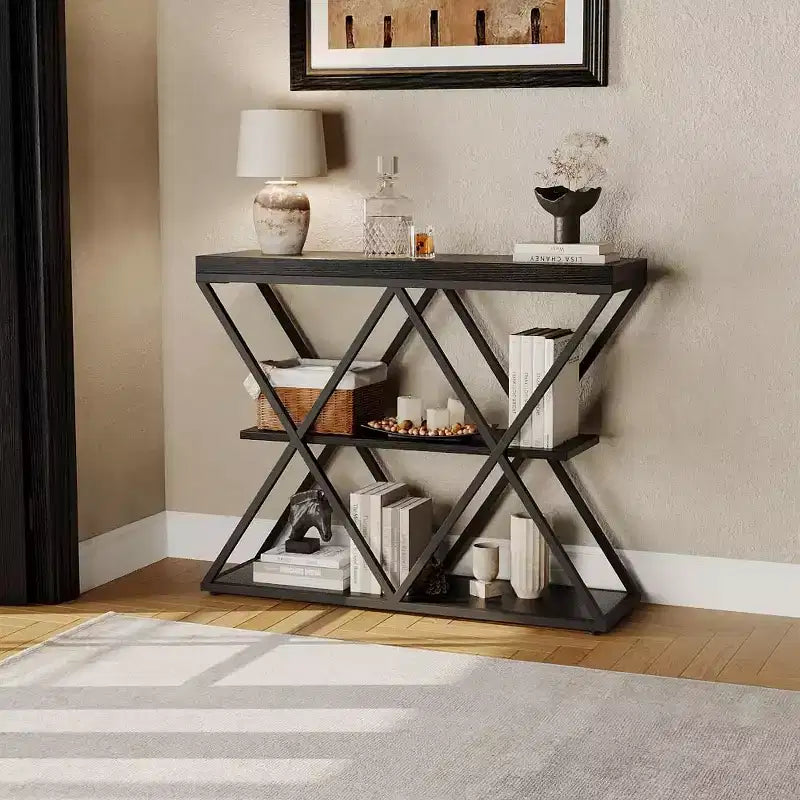 Console étroite à 3 niveaux avec étagères de rangement ouvertes Table de canapé d'entrée rustique de style ferme Pieds en métal en X Salon peu encombrant
