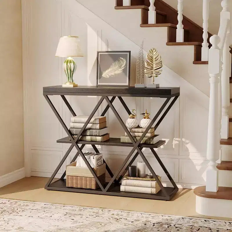 Console étroite à 3 niveaux avec étagères de rangement ouvertes Table de canapé d'entrée rustique de style ferme Pieds en métal en X Salon peu encombrant
