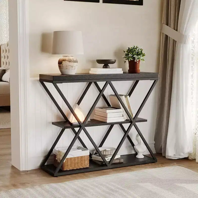 Console étroite à 3 niveaux avec étagères de rangement ouvertes Table de canapé d'entrée rustique de style ferme Pieds en métal en X Salon peu encombrant