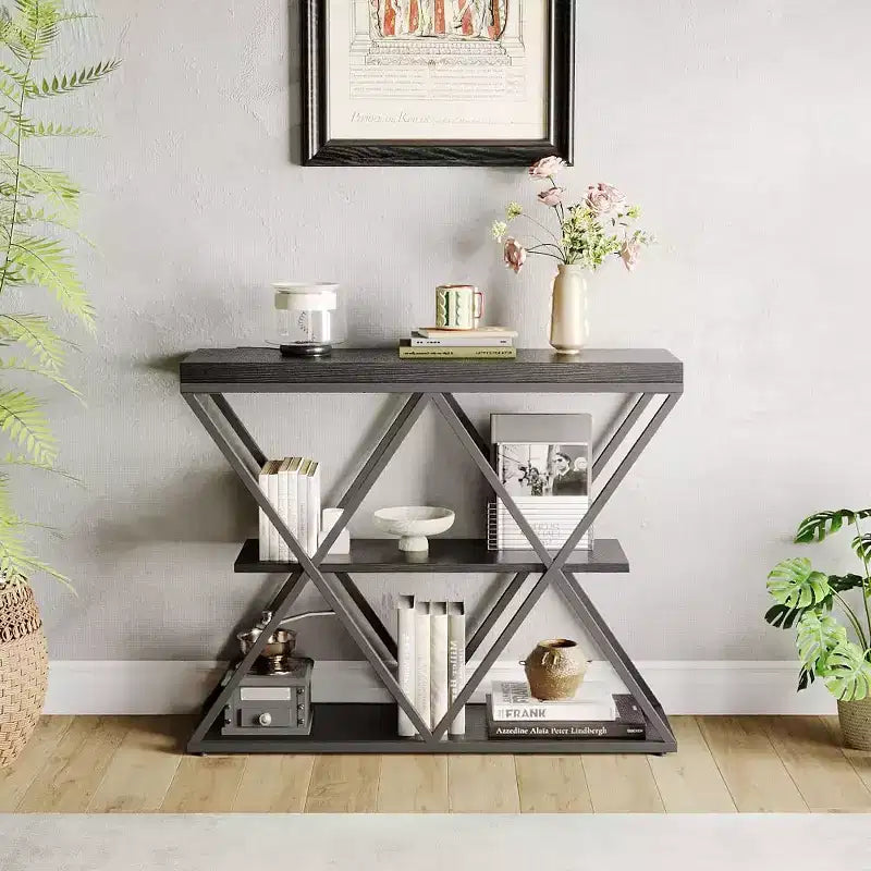Slim 3-Tier Console Table with Open Storage Shelves  Rustic Farmhouse Entryway Sofa Table  X-Shaped Metal Legs  Space-Saving Living Room