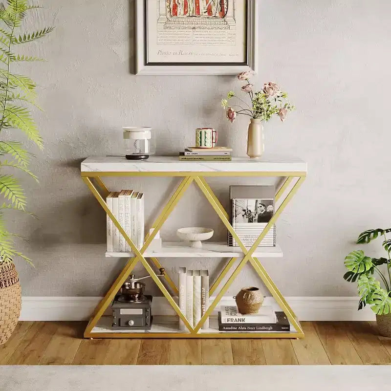 Console étroite à 3 niveaux avec étagères de rangement ouvertes Table de canapé d'entrée rustique de style ferme Pieds en métal en X Salon peu encombrant