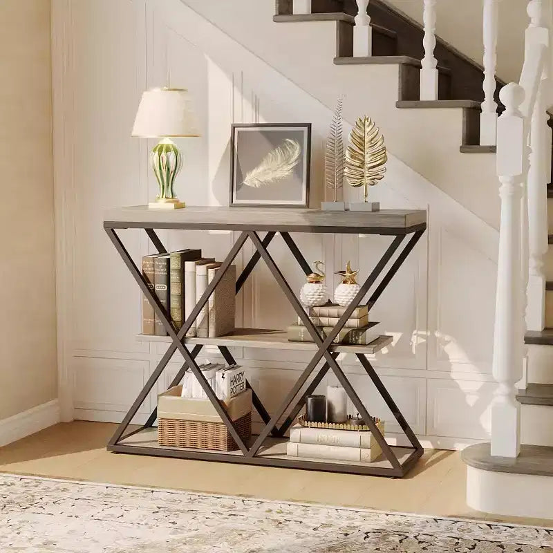 Console étroite à 3 niveaux avec étagères de rangement ouvertes Table de canapé d'entrée rustique de style ferme Pieds en métal en X Salon peu encombrant