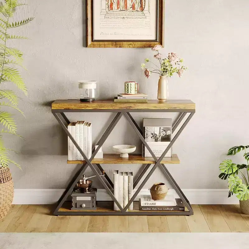 Console étroite à 3 niveaux avec étagères de rangement ouvertes Table de canapé d'entrée rustique de style ferme Pieds en métal en X Salon peu encombrant