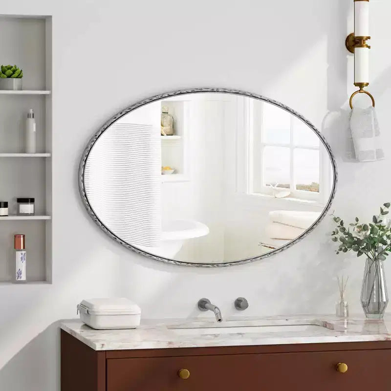 Miroir ovale rétro en fer forgé effet antique, à suspendre au mur pour chambre et salon, argenté