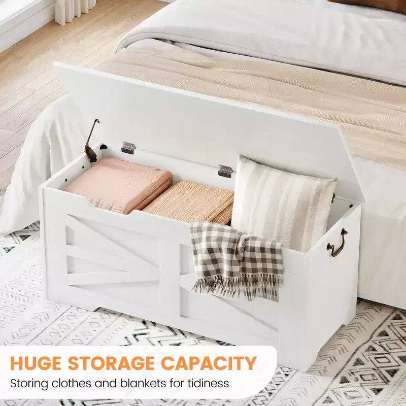 Coffre de rangement, Coffre à jouets en bois de 80 cm avec 2 charnières de sécurité, Banc de rangement d'entrée avec couvercle à charnière, Coffre de rangement robuste pour salon, chambre à coucher
