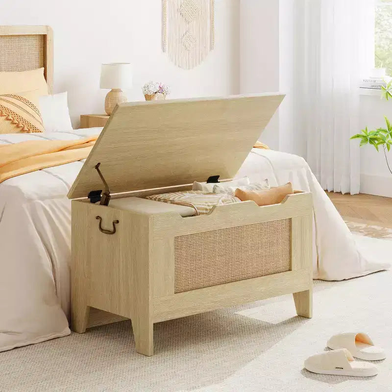 Coffre de rangement, Coffre à jouets en bois de 80 cm avec 2 charnières de sécurité, Banc de rangement d'entrée avec couvercle à charnière, Coffre de rangement robuste pour salon, chambre à coucher