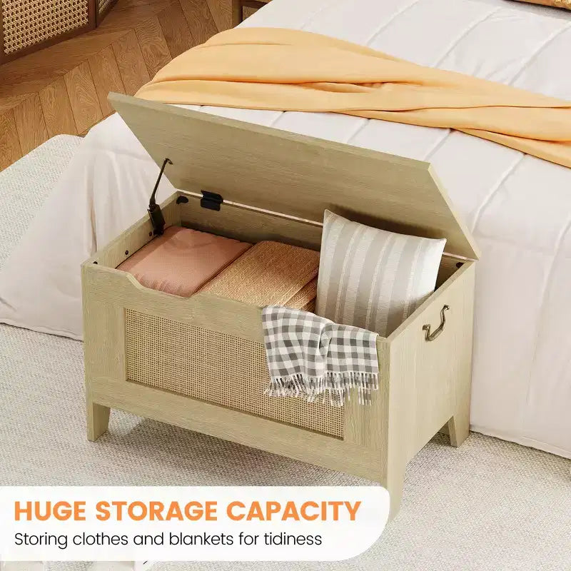 Coffre de rangement, Coffre à jouets en bois de 80 cm avec 2 charnières de sécurité, Banc de rangement d'entrée avec couvercle à charnière, Coffre de rangement robuste pour salon, chambre à coucher