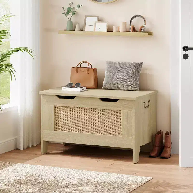Coffre de rangement, Coffre à jouets en bois de 80 cm avec 2 charnières de sécurité, Banc de rangement d'entrée avec couvercle à charnière, Coffre de rangement robuste pour salon, chambre à coucher