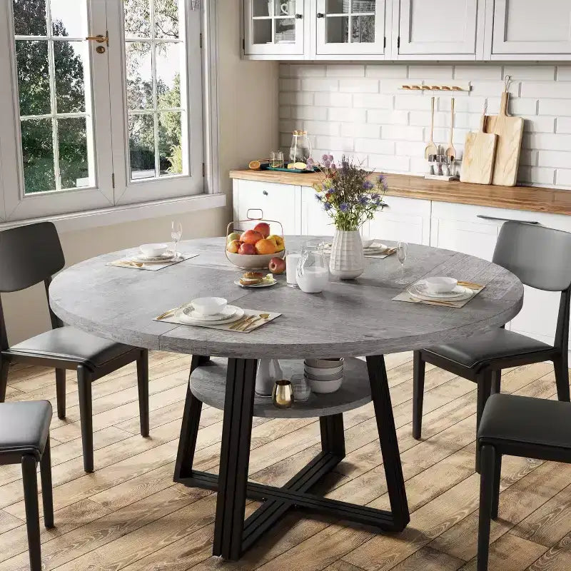 Table à manger ronde de 47 pouces avec étagère de rangement, base en métal, peut accueillir 4 à 6 personnes, pour cuisine ou salle à manger