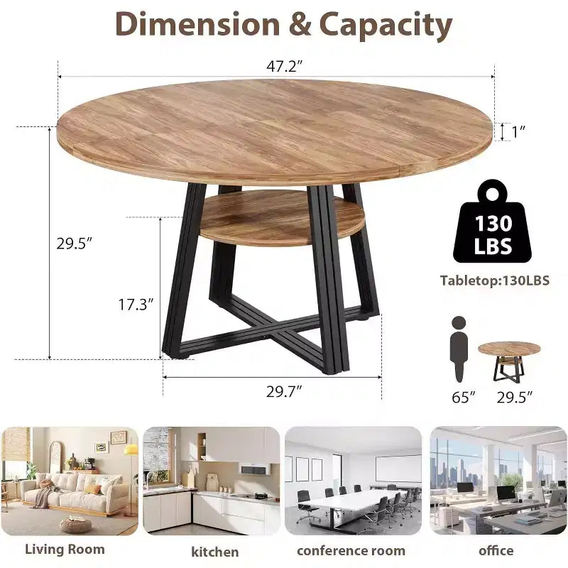 Table à manger ronde de 47 pouces avec étagère de rangement, base en métal, peut accueillir 4 à 6 personnes, pour cuisine ou salle à manger