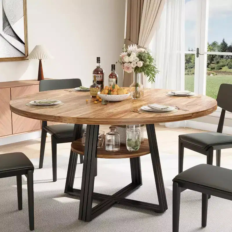 Table à manger ronde de 47 pouces avec étagère de rangement, base en métal, peut accueillir 4 à 6 personnes, pour cuisine ou salle à manger