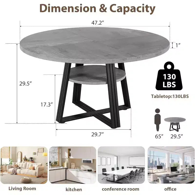 Table à manger ronde de 47 pouces avec étagère de rangement, base en métal, peut accueillir 4 à 6 personnes, pour cuisine ou salle à manger