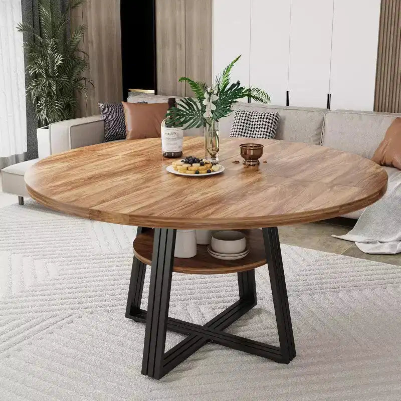 Table à manger ronde de 47 pouces avec étagère de rangement, base en métal, peut accueillir 4 à 6 personnes, pour cuisine ou salle à manger
