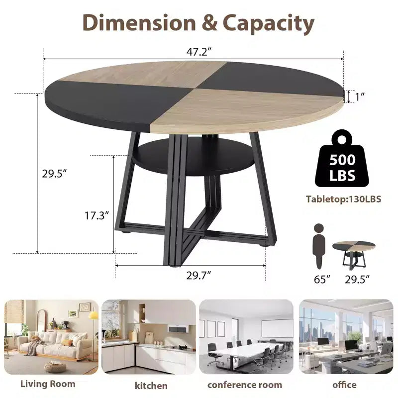 Table à manger ronde de 47 pouces avec étagère de rangement, base en métal, peut accueillir 4 à 6 personnes, pour cuisine ou salle à manger