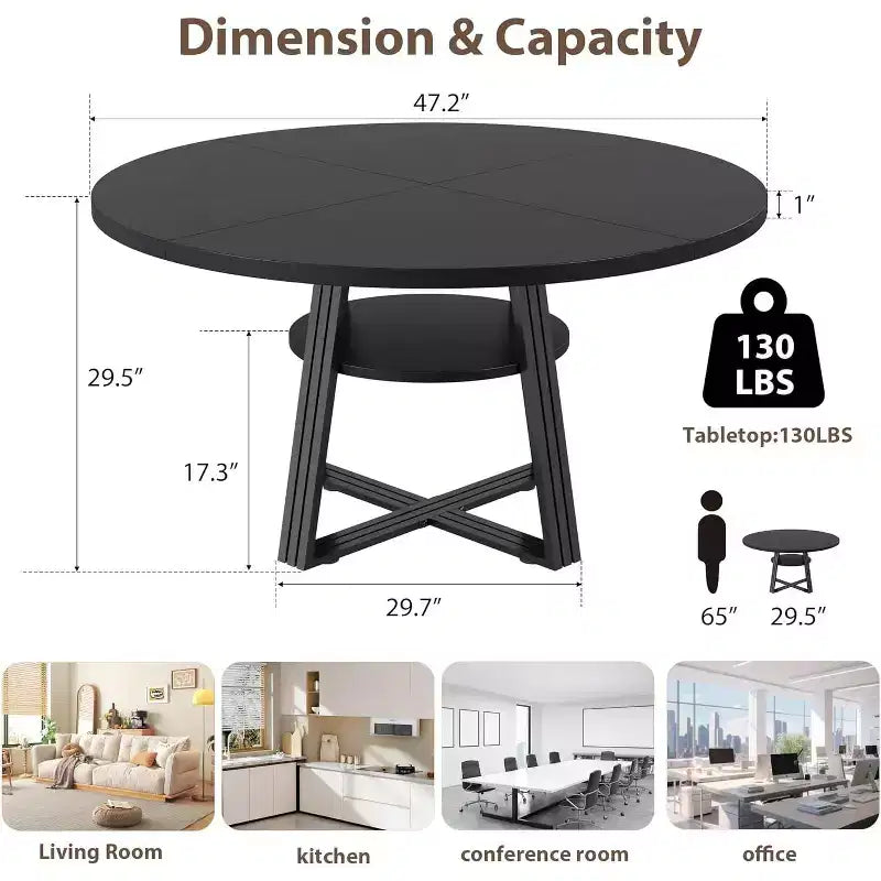 Table à manger ronde de 47 pouces avec étagère de rangement, base en métal, peut accueillir 4 à 6 personnes, pour cuisine ou salle à manger