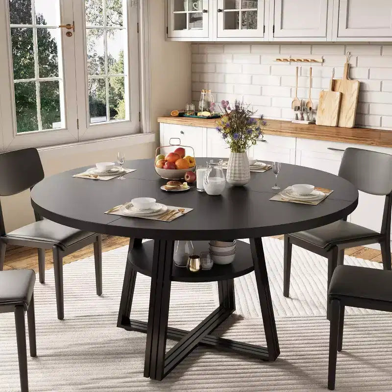 Table à manger ronde de 47 pouces avec étagère de rangement, base en métal, peut accueillir 4 à 6 personnes, pour cuisine ou salle à manger