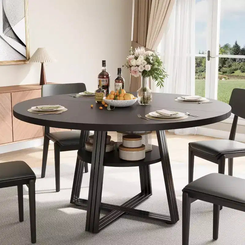 Acekool 47-Inch Round Dining Table with Storage Shelf, Metal Base, Seats 4-6, for Kitchen or Dining Room