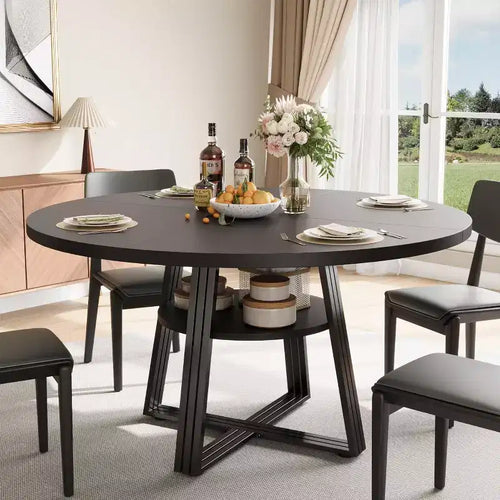 Acekool 47-Inch Round Dining Table with Storage Shelf, Metal Base, Seats 4-6, for Kitchen or Dining Room