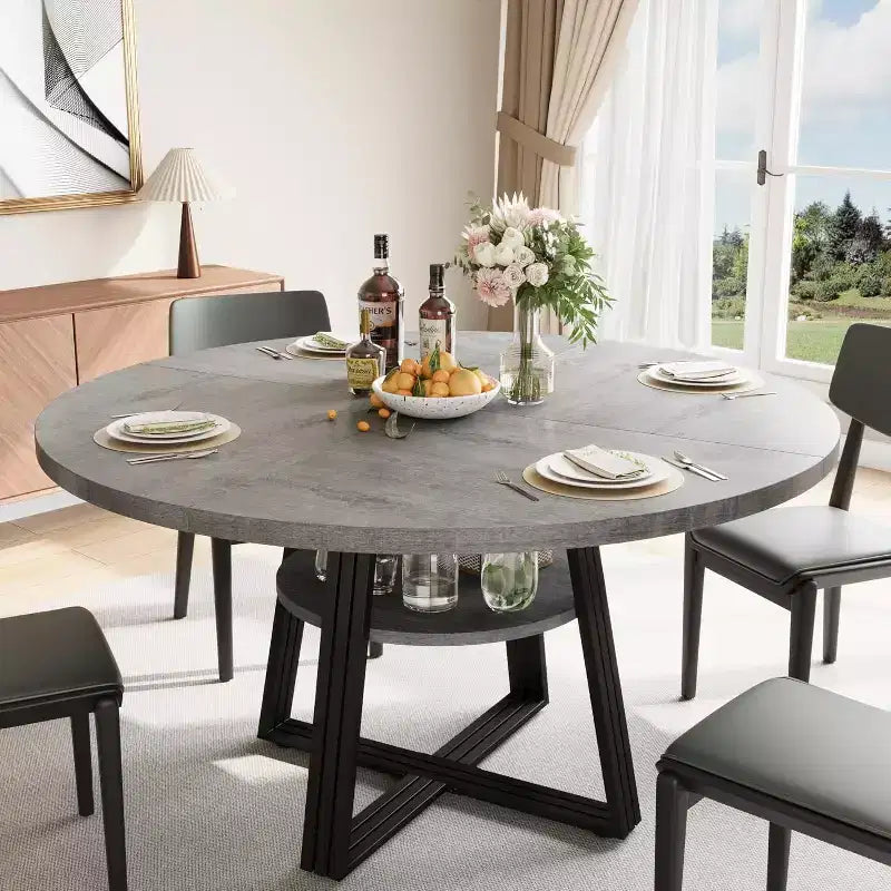 Table à manger ronde de 47 pouces avec étagère de rangement, base en métal, peut accueillir 4 à 6 personnes, pour cuisine ou salle à manger
